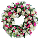 Coroana funerara cu trandafiri, miniroze si alstroemeria