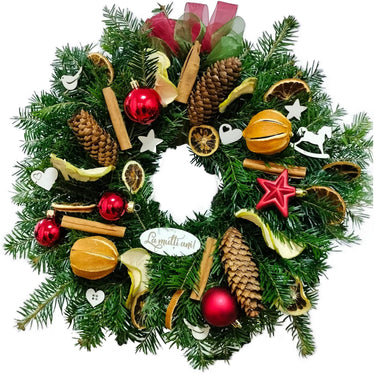 Coronita Craciun cu conuri, globuri, portocale, felii mar