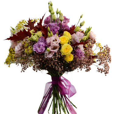 Buchet lisianthus (eustoma), miniroze, gypsophila, quercus