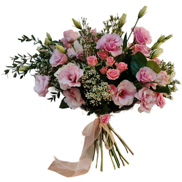 Buchet lisianthus, miniroze si waxflower