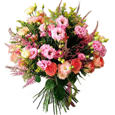 Buchet lisianthus, trandafiri, astilbe, solidago