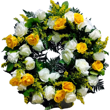 Coroana funerara cu trandafiri galbeni si solidago