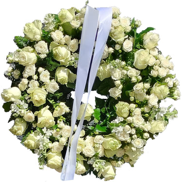 Coroana funerara cu trandafiri si miniroze