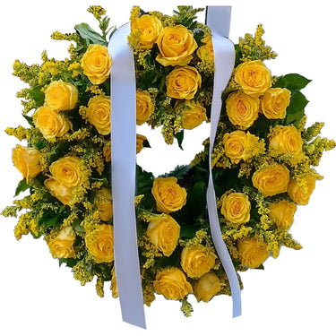 Coroana funerara cu trandafiri si solidago