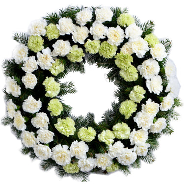 Coroana inmormantare cu garoafe albe si verzi